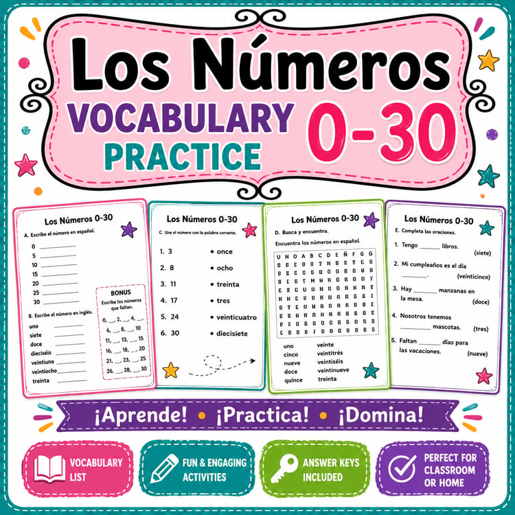 Los Números 1-30 Number Vocabulary Worksheets in Spanish