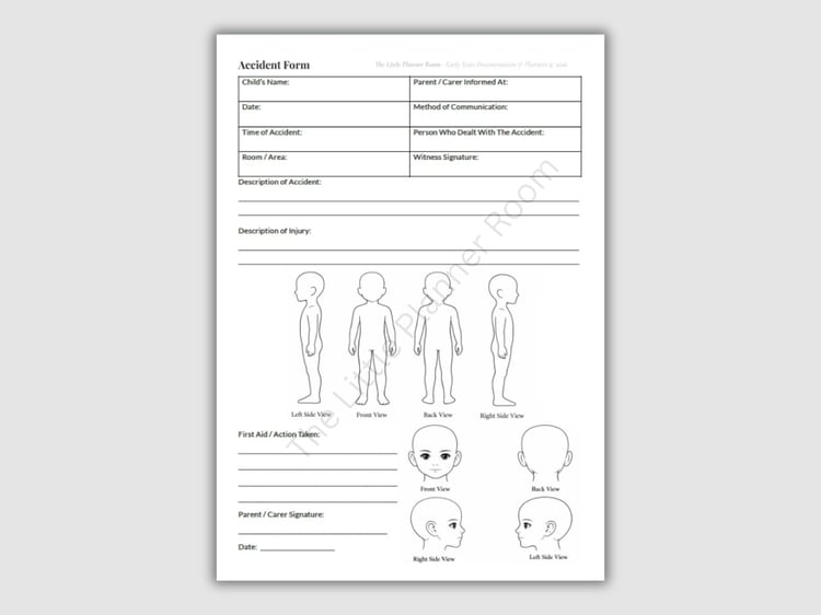 Nursery accident report form showing injury diagrams, accident details, and first aid section on a grey thumbnail background.