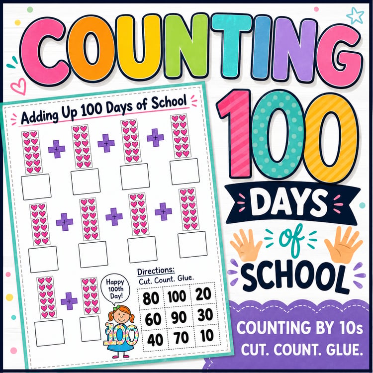 Adding Up the 100 Days of School Count by 10s Kindergarten & 1st Math