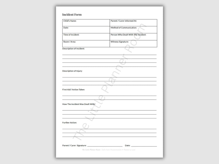 Printable EYFS incident form with sections for incident details, injury description, first aid, and follow‑up actions on a grey background.