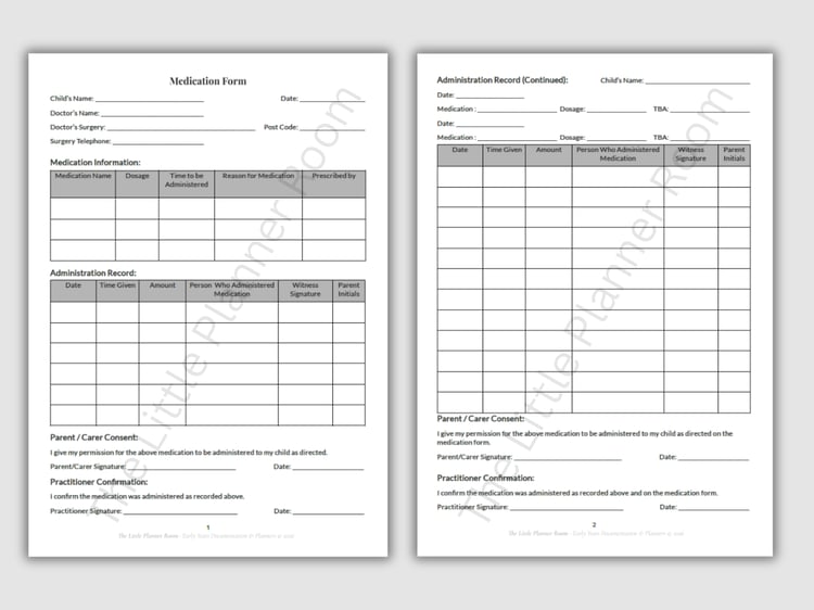 Printable EYFS medication form with medication details table, administration record, and consent sections on a grey background.