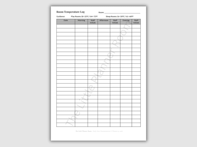 Printable EYFS room temperature log with morning, afternoon, and evening temperature checks and staff initials on a grey background.