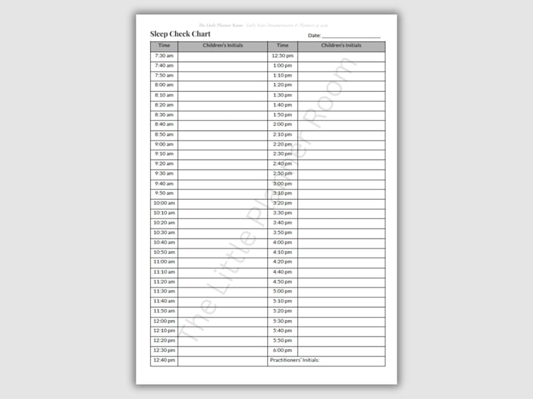 Printable EYFS sleep check chart with timed intervals and space for children’s initials on a grey background.
