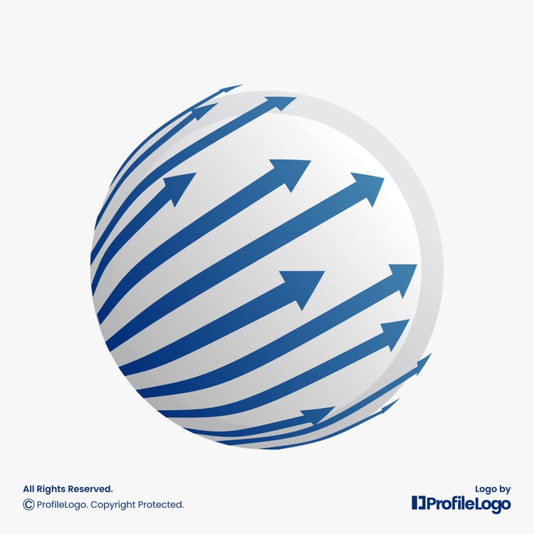 Marketing arrow globe logo for sale by ProfileLogo with light grey background