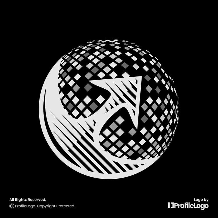 Digital pixel globe marketing arrow logo for sale by ProfileLogo with black background