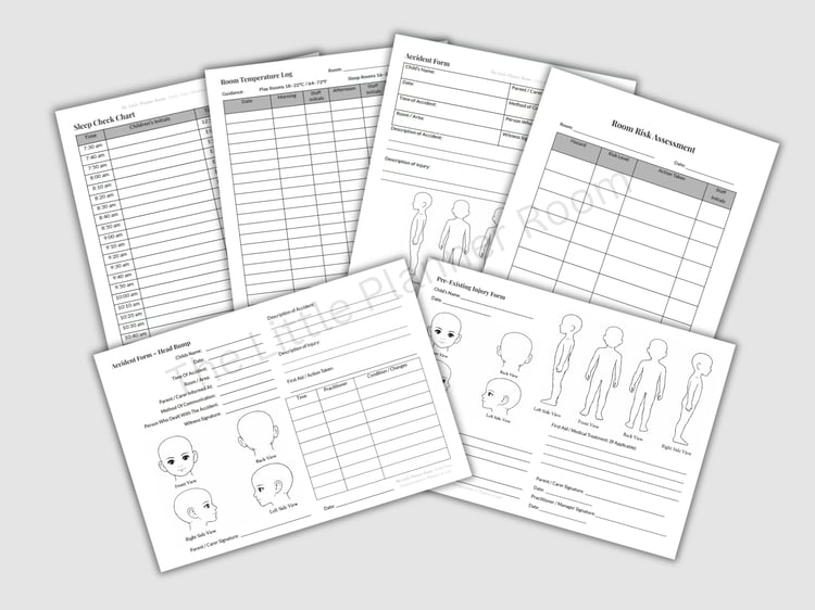 Flat‑lay thumbnail showing six printed EYFS childcare forms arranged on a light desk surface, including Sleep Check Chart, Room Temperature Log, Accident Form, Room Risk Assessment, Pre‑Existing Injury Form, and Existing Injury Form. Each form features sa
