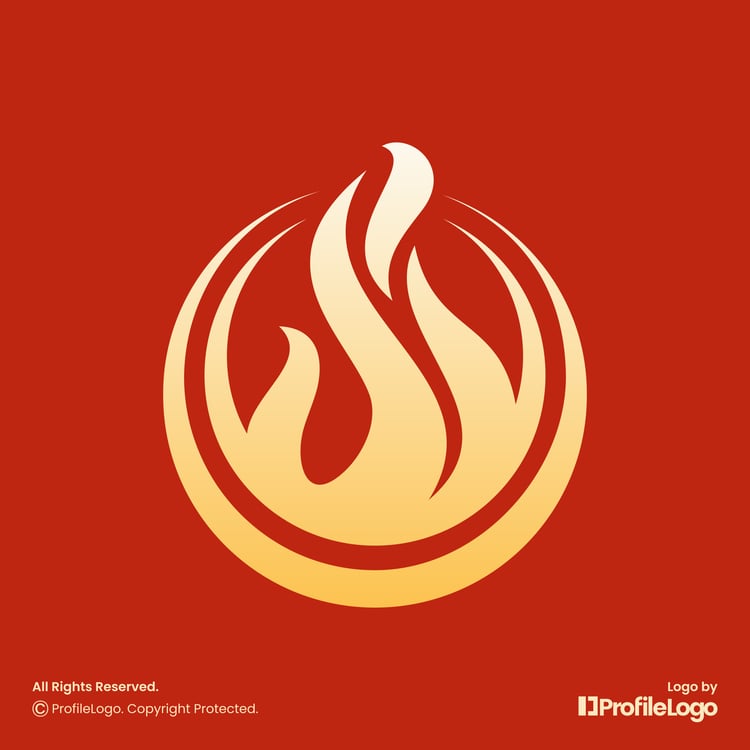 Modern fire flame circle logo for sale by ProfileLogo with red background