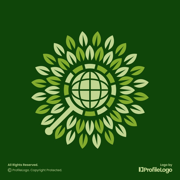 Magnifying glass globe leaf logo for sale by ProfileLogo with dark green background