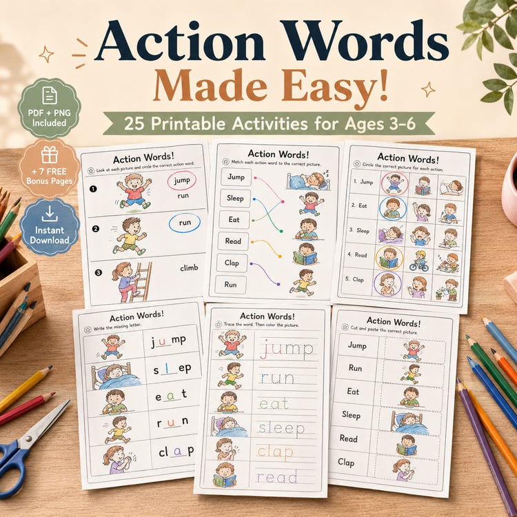 Action Words Made Easy! – 25 Printable Activities for Kids Ages 3–6 | PDF + PNG Bundle + 7 FREE Bonus Pages