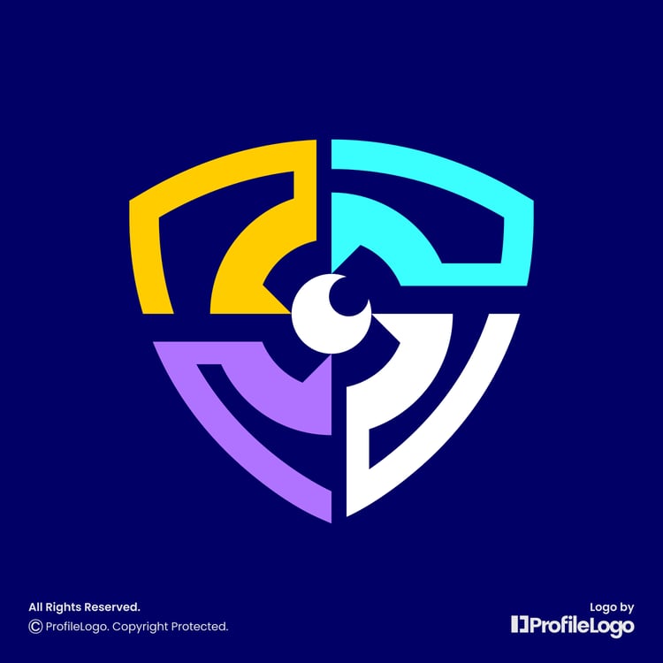 Cyber technology lens shield logo for sale by ProfileLogo with navy blue background