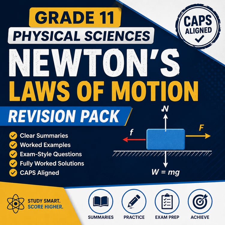Grade 11 Physical Sciences Newton’s Laws of Motion Revision Pack with summaries, worked examples, and exam preparation support