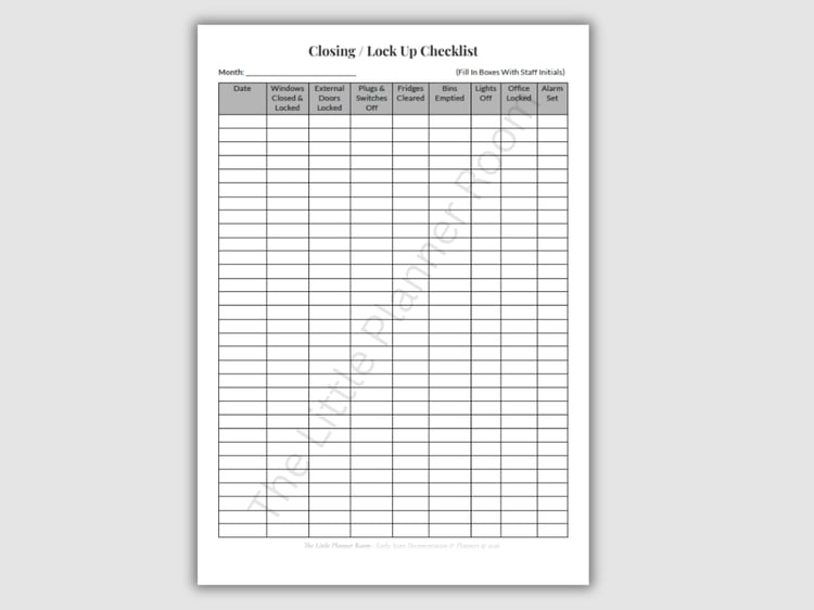 Closing and Lock Up Checklist printable PDF for EYFS settings, featuring a monthly table with columns for date, windows locked, external doors locked, plugs and switches off, fridges cleared, bins emptied, lights off, office locked, and alarm set.