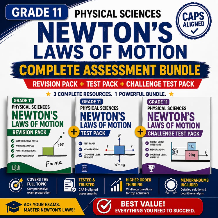 Grade 11 Physical Sciences Newton’s Laws of Motion Complete Assessment Bundle with revision pack, test pack, and challenge test pack