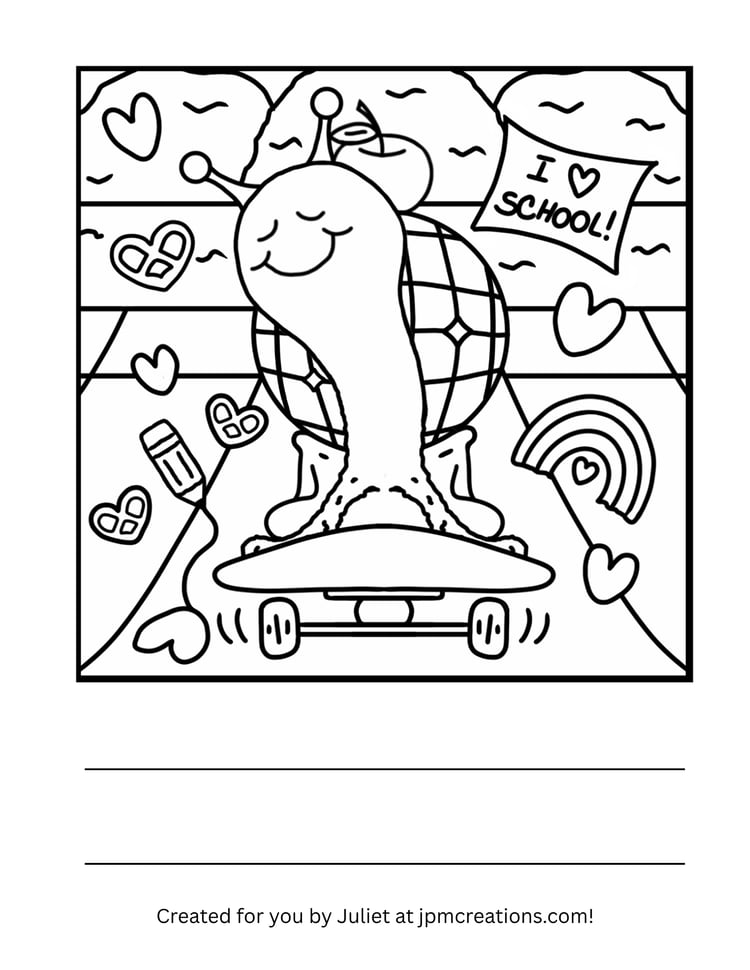 Cute Snail Disco Ball Skateboard Back To School Coloring Page (Letter Size)