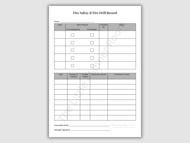 Fire Safety and Fire Drill Record printable PDF for EYFS settings with tick boxes for fire extinguisher and fire blanket checks, plus a fire drill log for dates, child and staff numbers, evacuation routes, and comments.
