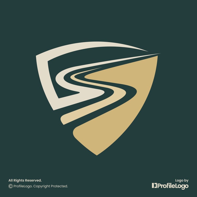 Winding road shield letter S logo for sale by ProfileLogo with dark turquoise background