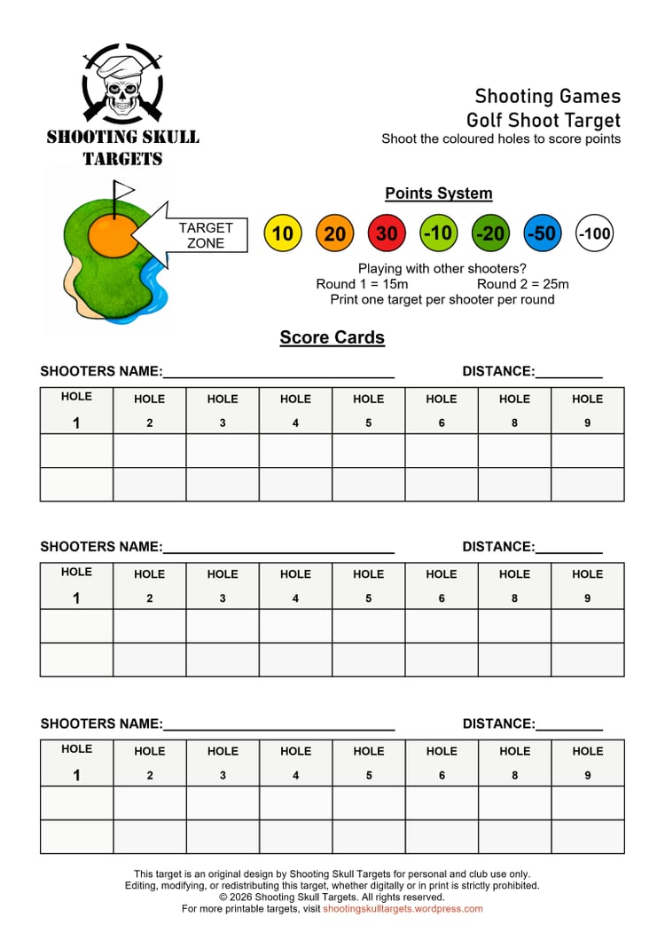 Printable airgun score card for the Golf Shoot Target, with 9 holes and scoring columns for multiple shooters.