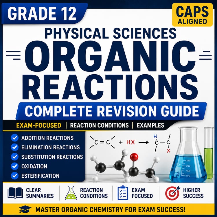 Grade 12 Physical Sciences Organic Reactions Complete Revision Guide with reaction summaries examples and exam preparation support