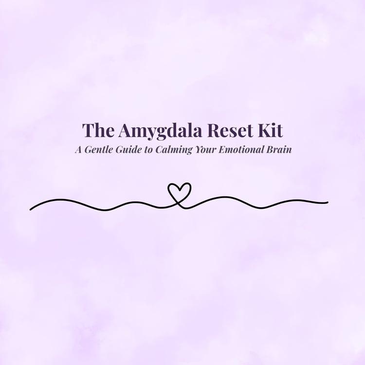 The Amygdala Reset Kit — calming purple watercolor cover with soft minimalist title and grounding workbook design.