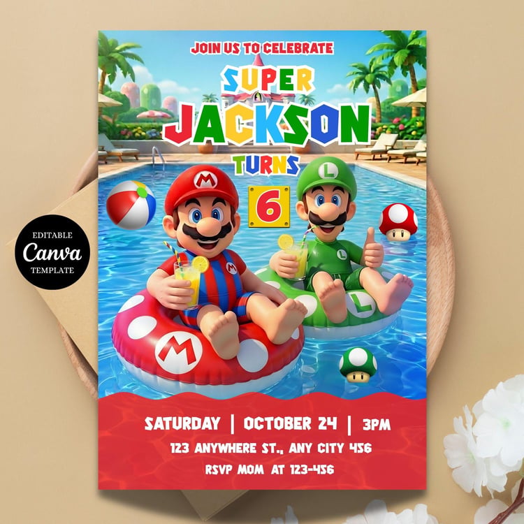 A 5x7 Super Mario pool party invitation template displayed on a water-themed background, featuring Mario and Luigi in a summer splash design with editable text fields.