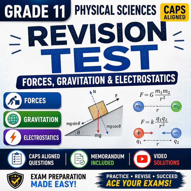 Grade 11 Physical Sciences Forces Gravitation and Electrostatics Revision Test Pack with memorandum and video solutions