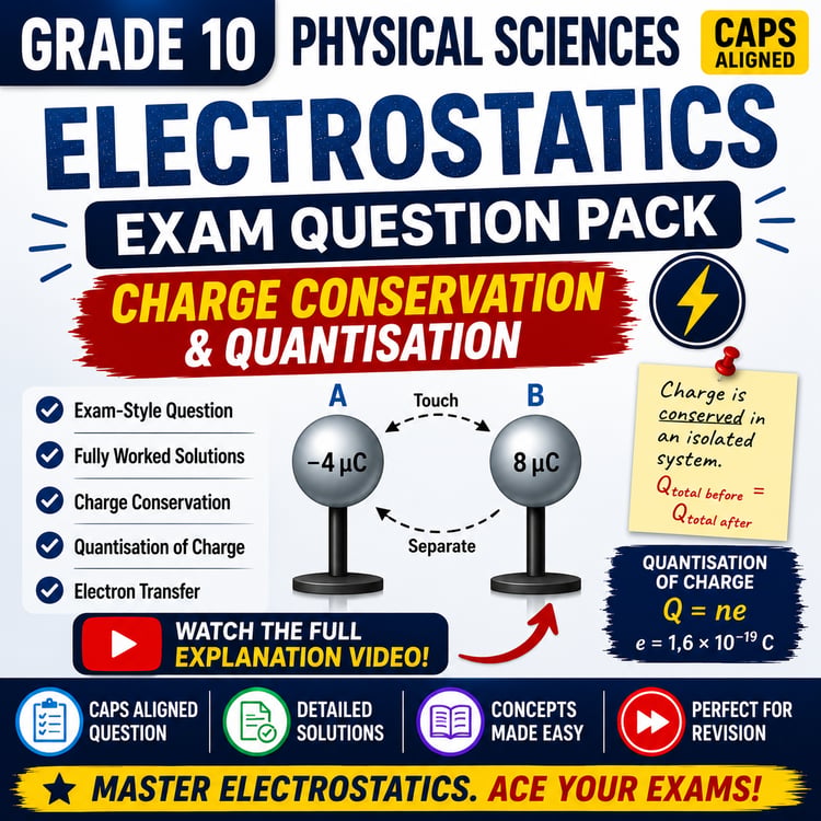 Grade 10 Physical Sciences Electrostatics Exam Question Pack on charge conservation and quantisation with worked solutions and video explanation