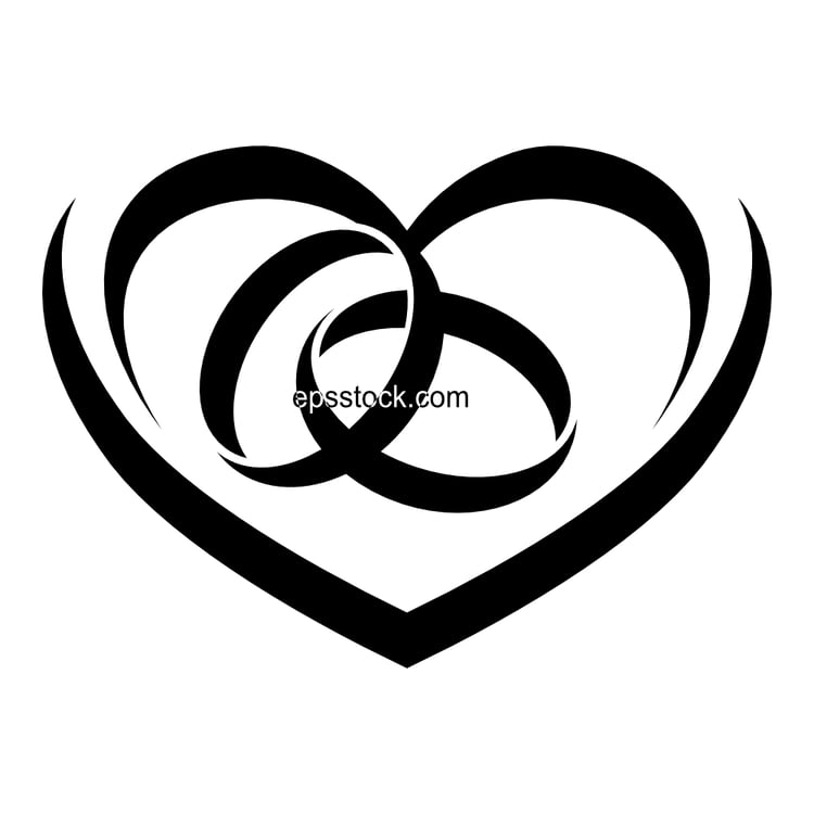 wedding ceremony heart with Rings , black isolated vector silhouette