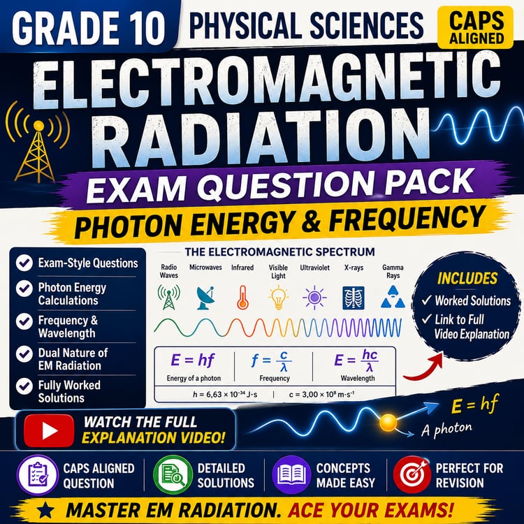 Grade 10 Physical Sciences electromagnetic radiation exam question pack with photon energy and frequency calculations plus video explanation