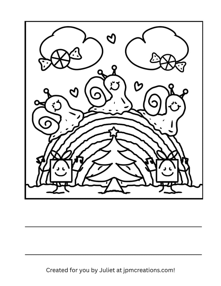 Cute Snails On Rainbow Log Christmas Coloring Page (Letter Size)
