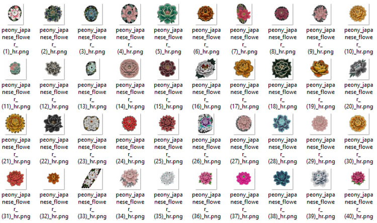 Collection of 83 Japanese peony flower tattoo flash designs featuring traditional irezumi botan motifs, ornamental floral artwork, and tattoo reference illustrations.