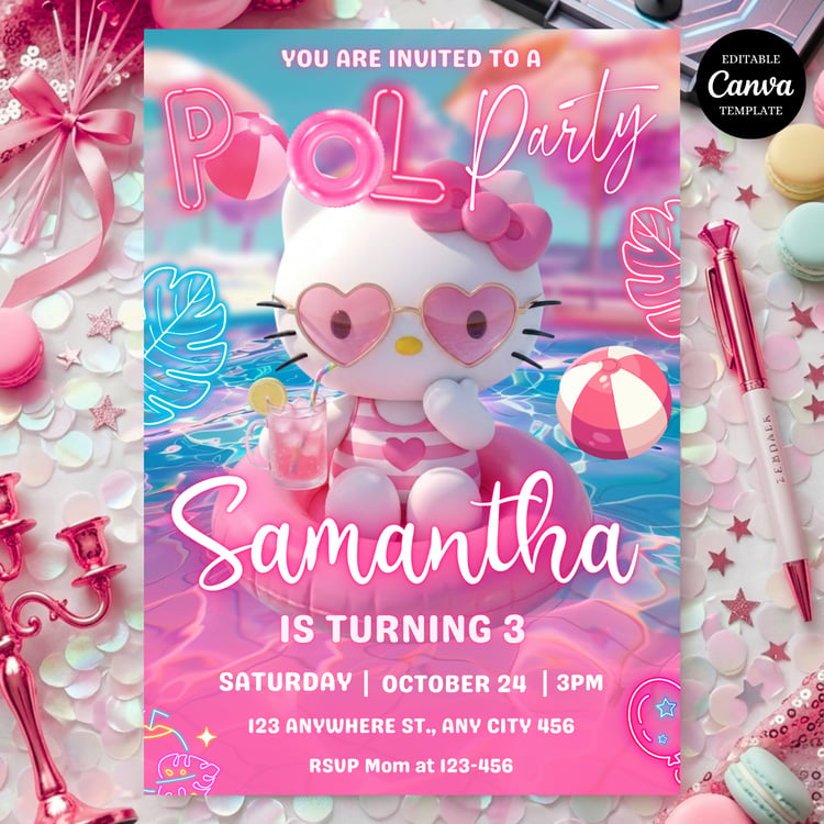 Editable Hello Kitty pool party invitation template featuring a cute pink summer splash theme with Hello Kitty in a swimsuit, perfect for a girl's birthday bash digital invite.