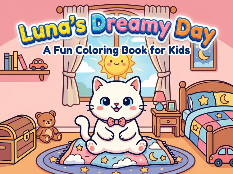 A colorful digital coloring book cover featuring a cute white kitten with a pink bowtie sitting happily in its bedroom, surrounded by fanned-out printable coloring pages.