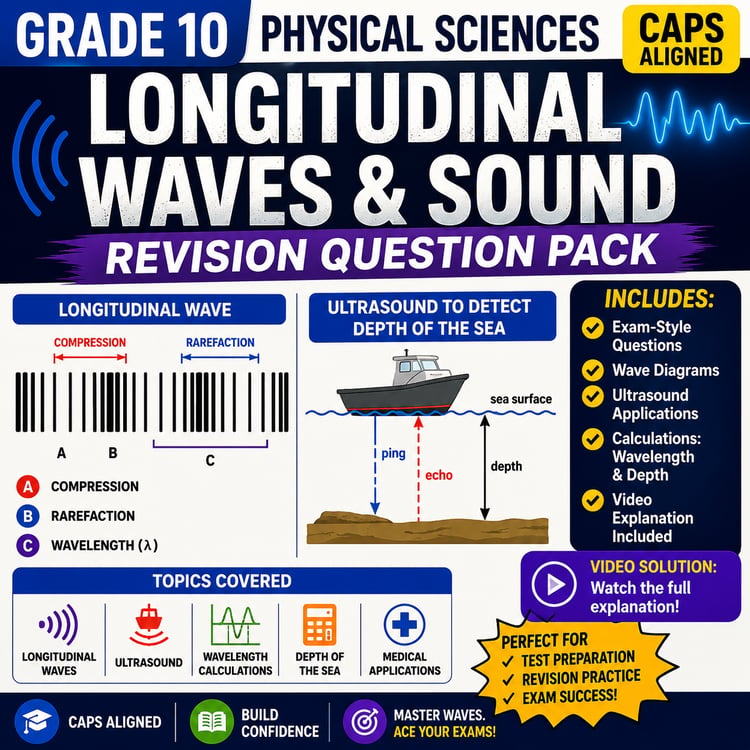 Grade 10 Physical Sciences longitudinal waves and sound revision question pack with ultrasound calculations and video explanation