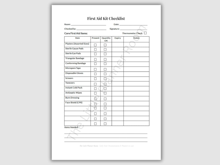 First Aid Kit Checklist printable PDF for EYFS settings with tick boxes for first aid items, quantity checks, expiry dates, thermometer check, and space for notes and items needed.