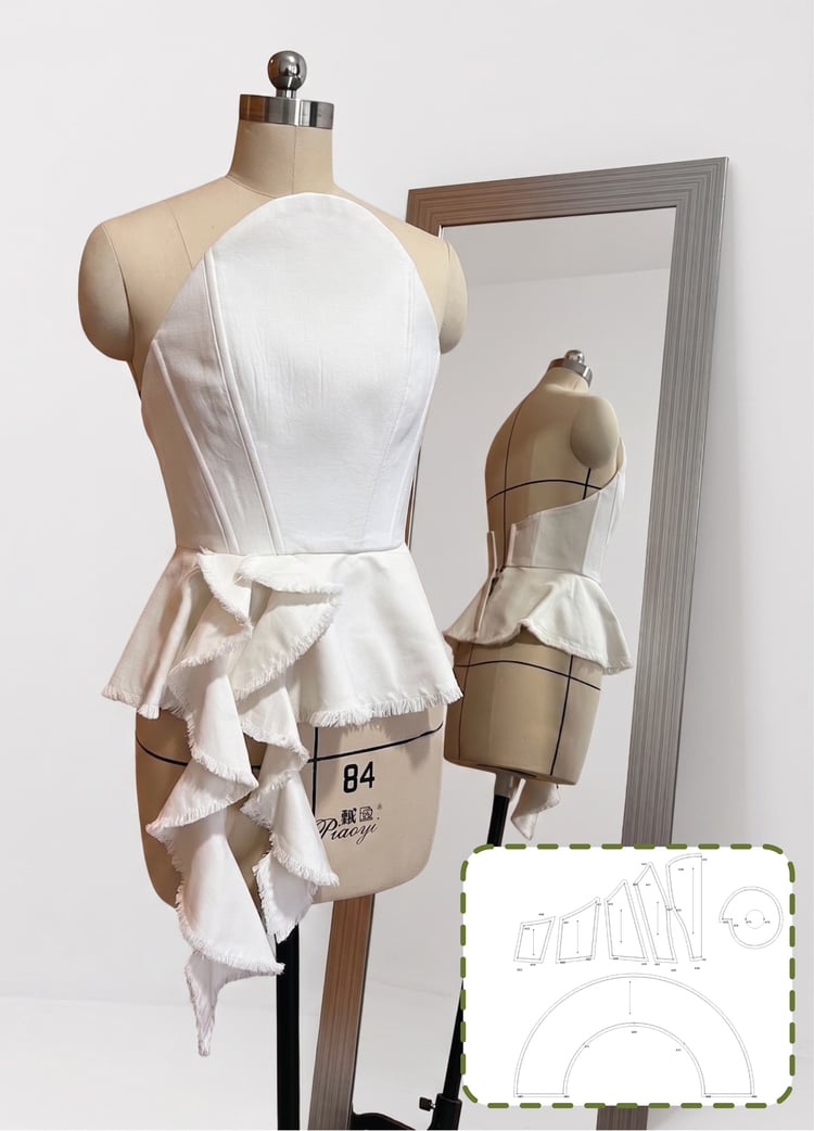 corset, ropa, femenina, patronaje, digital, espejo, maniquí