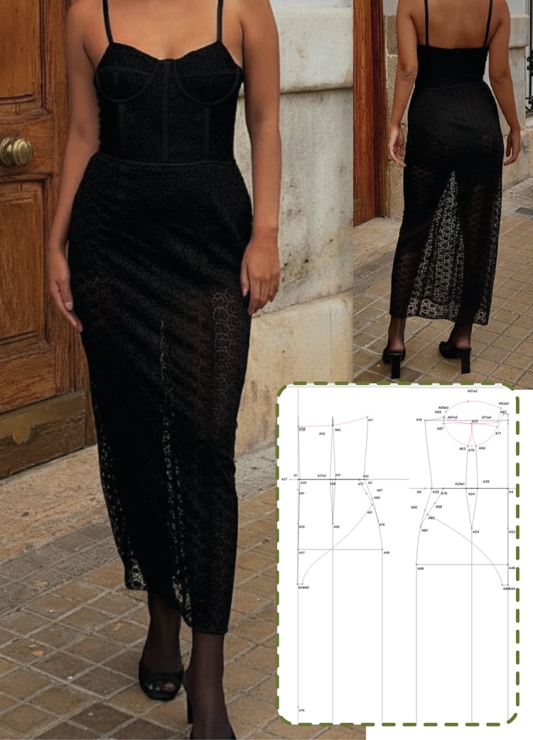 vestido, mujer, ropa, patronaje, digital, copa, bustier, encaje