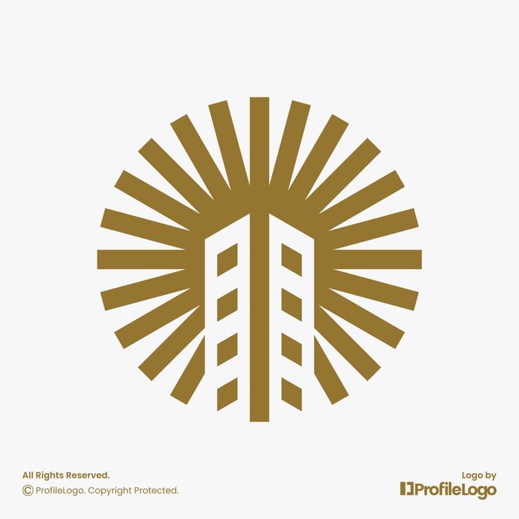 Luxury sun tower building logo for sale by ProfileLogo with light grey background