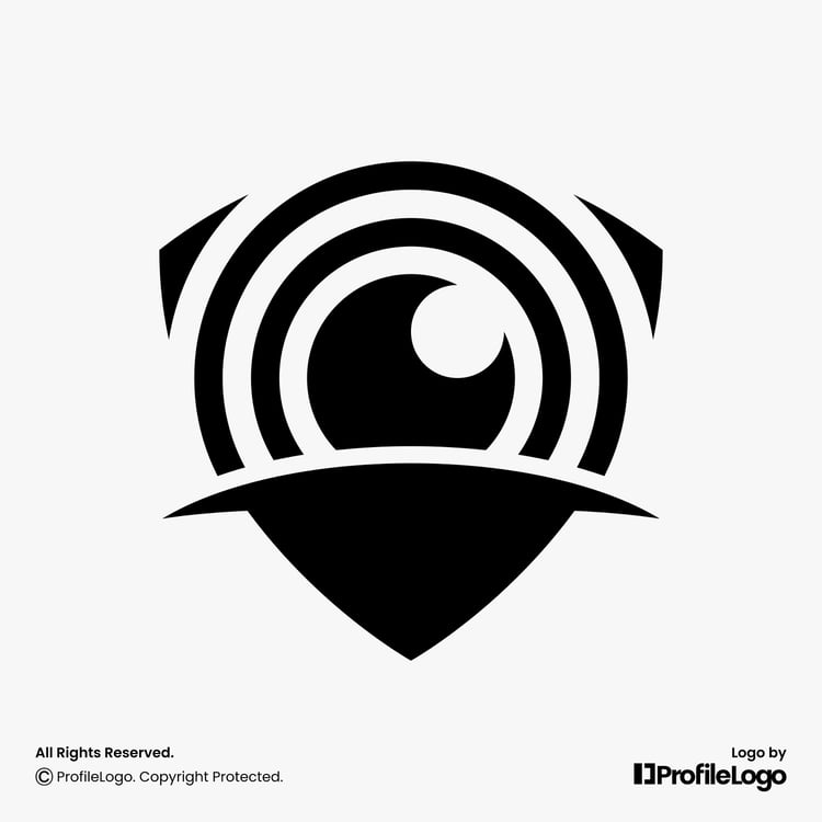 Security shield camera lens logo for sale by ProfileLogo with light grey background
