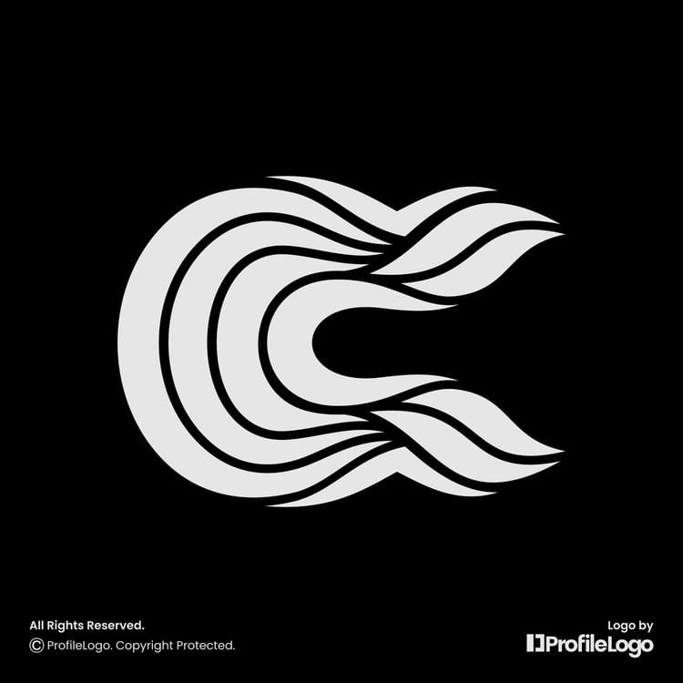 Elegant swoosh line letter C logo for sale by ProfileLogo with black background