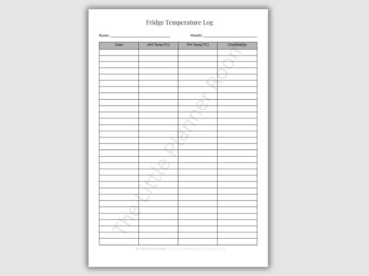 Fridge Temperature Log printable PDF for EYFS settings with daily rows for date, AM and PM temperatures, and staff initials for monthly food safety checks.