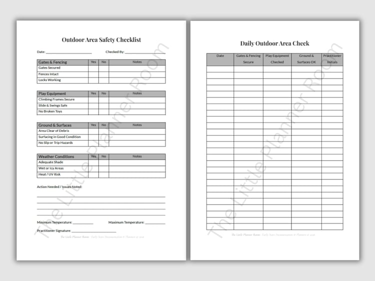 Outdoor Area Safety Checklist printable PDF for EYFS settings with sections for gates and fencing, play equipment, ground surfaces, weather conditions, and a daily outdoor area check table.