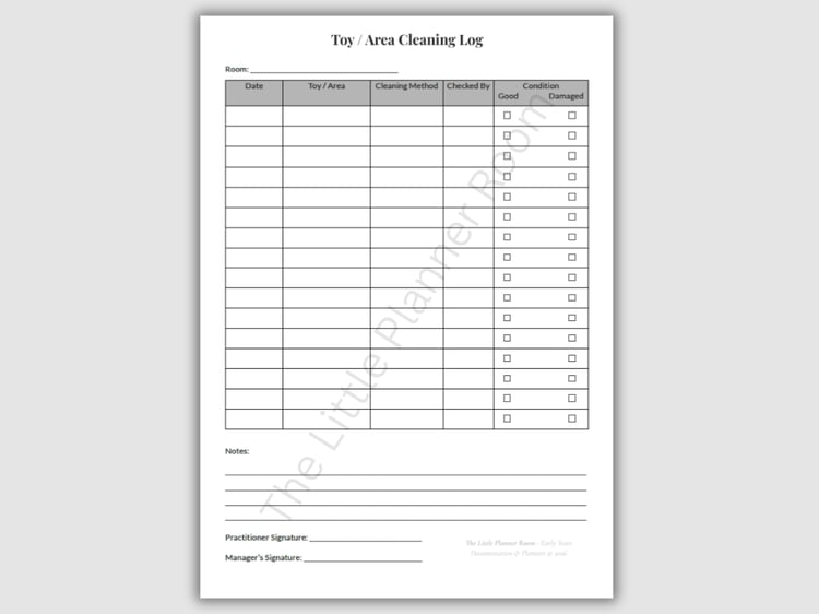 Toy and Area Cleaning Log printable PDF for EYFS settings with columns for date, toy or area, cleaning method, checked by, and condition tick boxes.