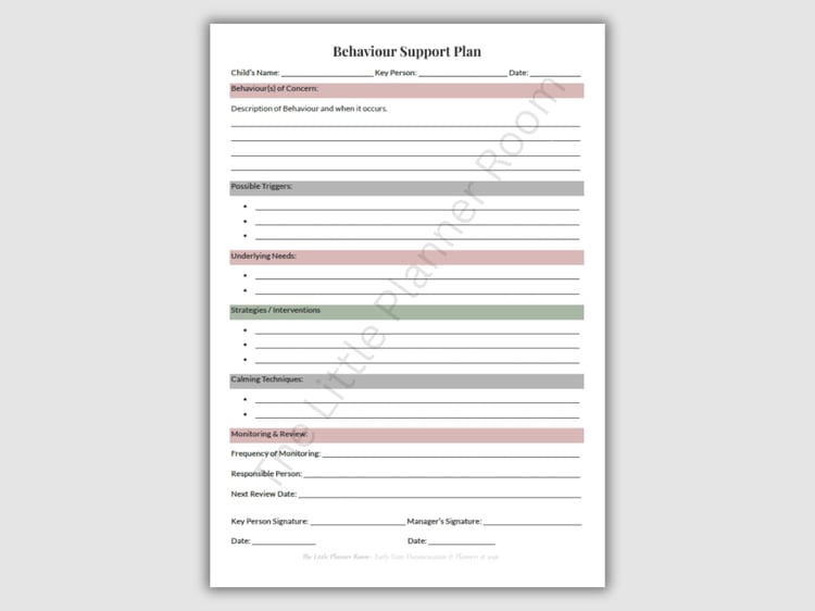 Behaviour Support Plan printable PDF for EYFS settings with sections for behaviours of concern, triggers, underlying needs, strategies, calming techniques, and monitoring and review.