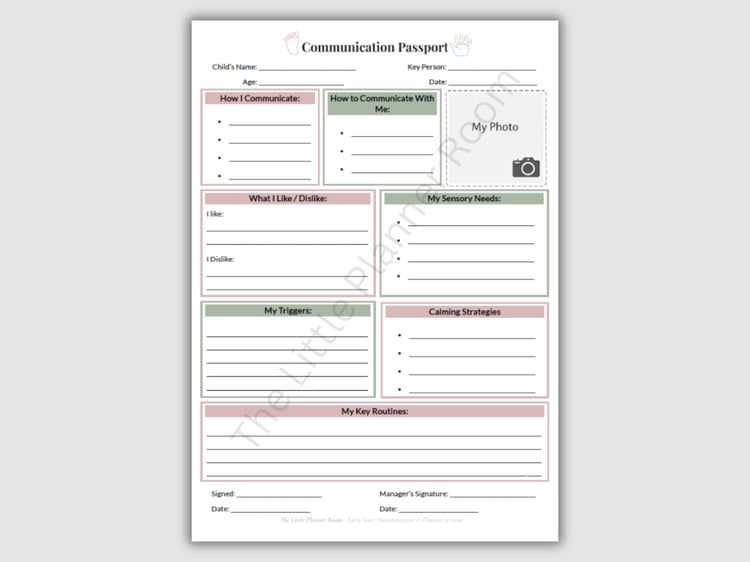 Communication Passport printable PDF for EYFS settings with sections for communication methods, how to communicate with the child, likes and dislikes, triggers, sensory needs, calming strategies, and key routines.
