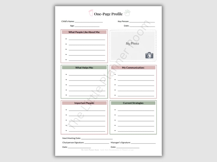 EYFS SEN One‑Page Profile printable with sections for what people like about the child, what helps them, communication, important people, current strategies, and space for a photo.