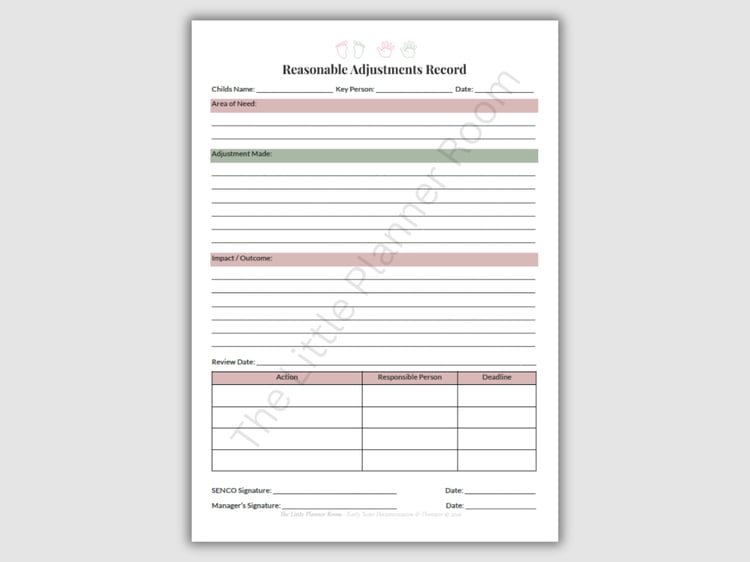 EYFS SEN Reasonable Adjustments Record printable with sections for area of need, adjustment made, impact, review date, action plan table, and SENCO and manager signatures.