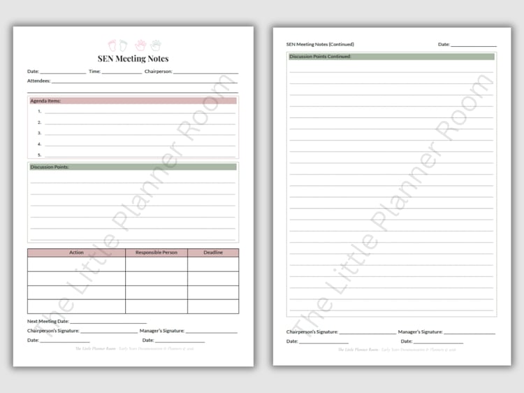 EYFS SEN Meeting Notes printable with sections for agenda items, discussion points, action plan table, next meeting date, and chairperson and manager signatures.