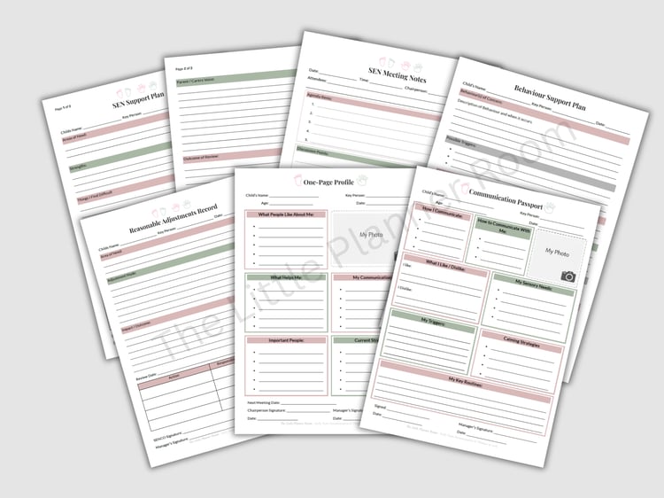 EYFS SEN bundle of printable childcare records including SEN support plan, one‑page profile, communication passport, behaviour support plan, reasonable adjustments record, and SEN meeting notes.