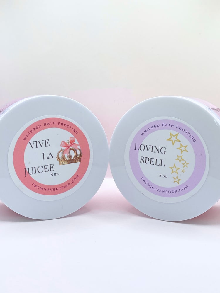 Handmade whipped bath frosting in Vive La Juicee and Loving Spell