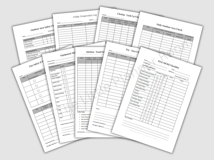 Cleaning, Maintenance and Safety Operations Bundle for EYFS settings featuring printable logs and checklists including toy cleaning, outdoor safety, fire drill records, kitchen cleaning, fridge temperature logs, first aid kit checks, and equipment mainten